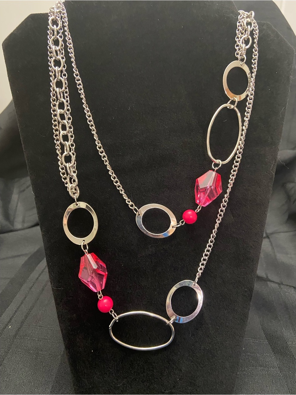 Long Multi-Chain silver tone Necklace with Pink Beads and Crystal Accents Y2K